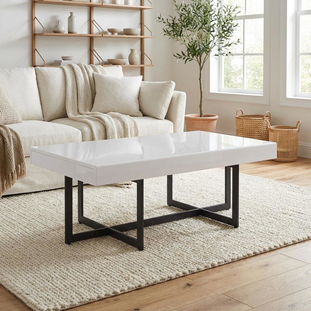 White Metal 2-Drawer Coffee Table with MDF Top and Steel Frame for Storage