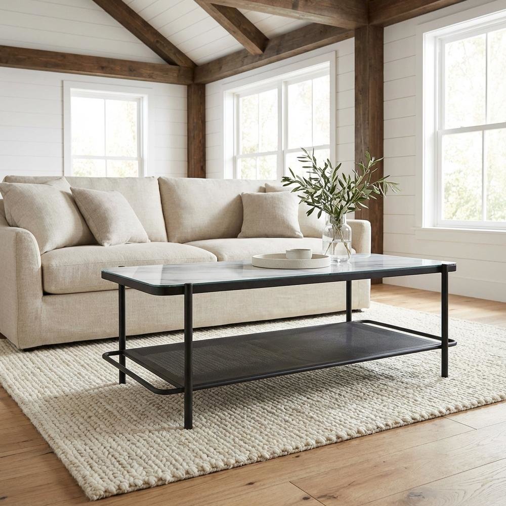 Black Steel Coffee Table with Tempered Marble Glass Shelf and Modern Design