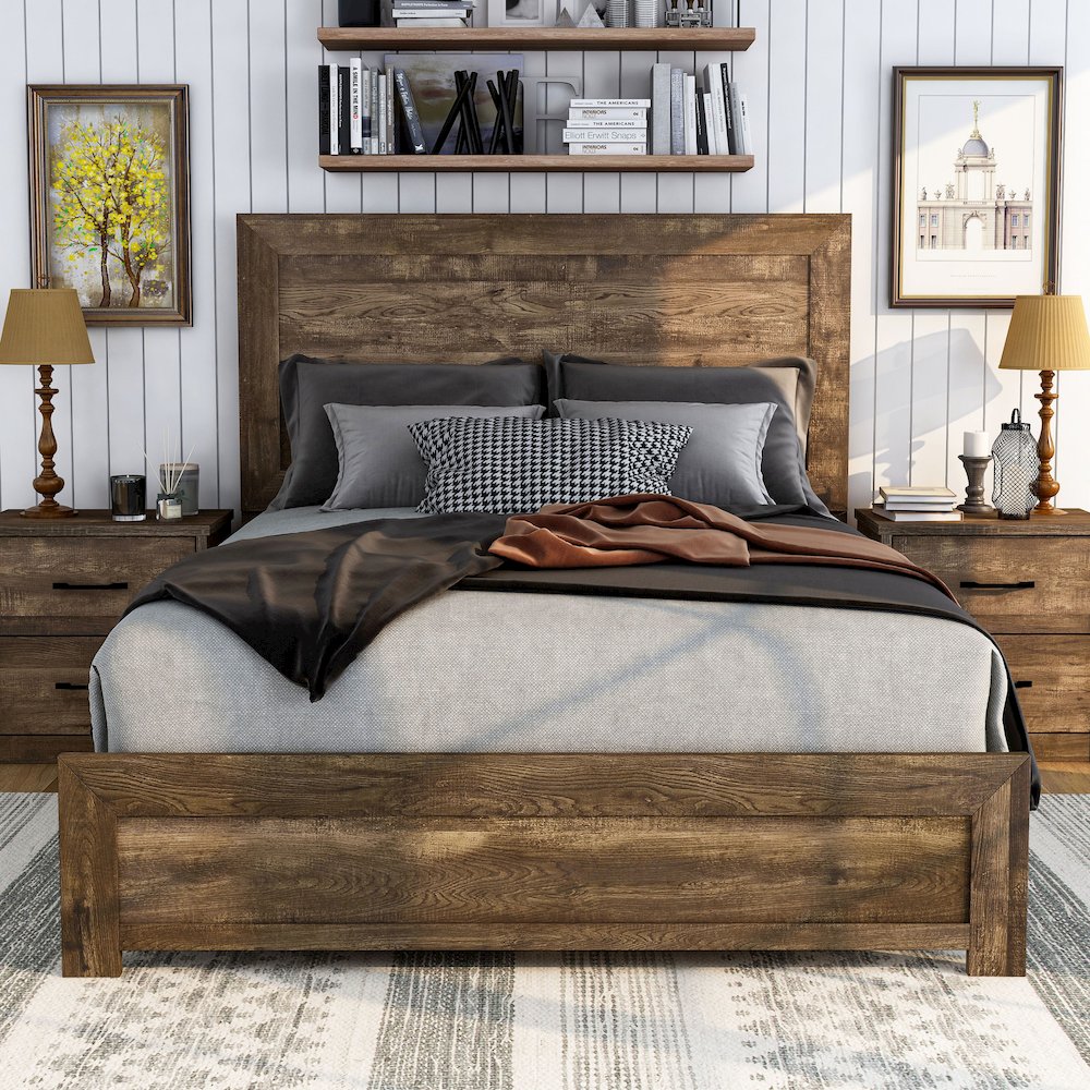Kodo Rustic Wood Panel Bed in Walnut
