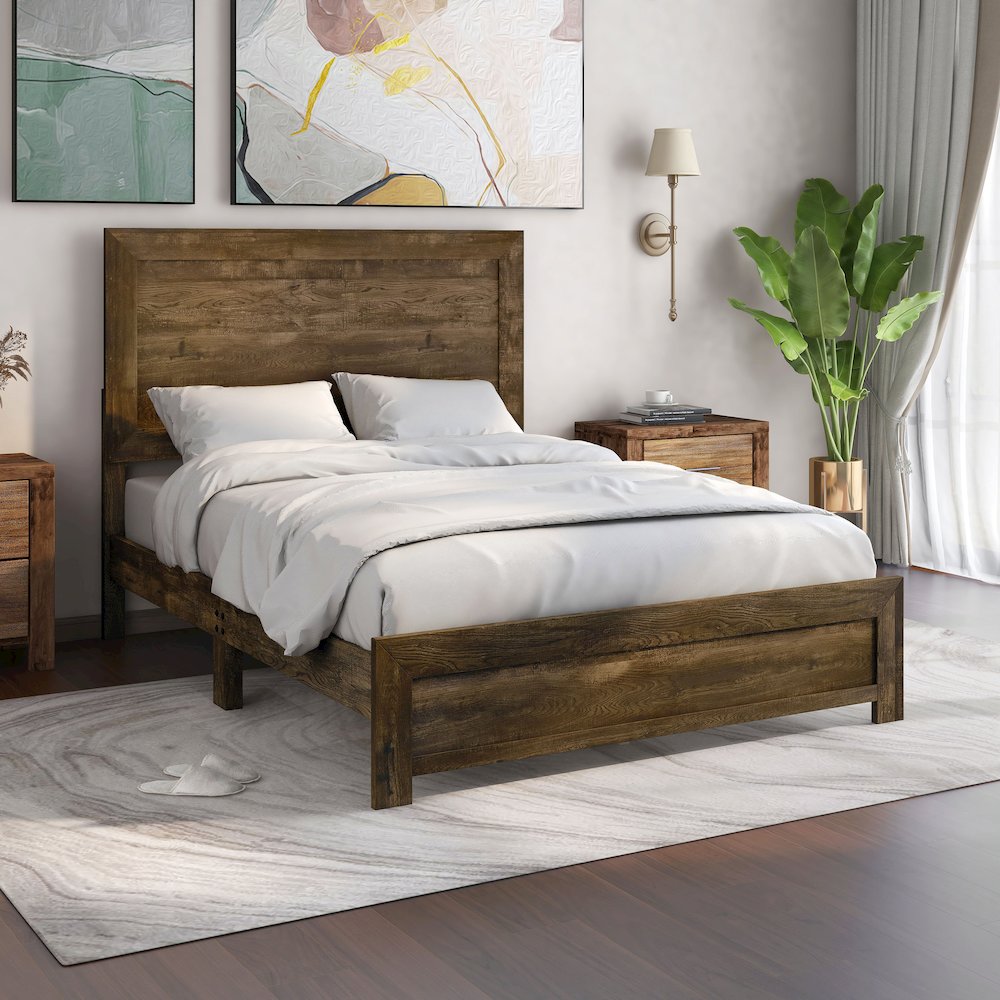 Kodo Rustic Wood Panel Bed in Walnut