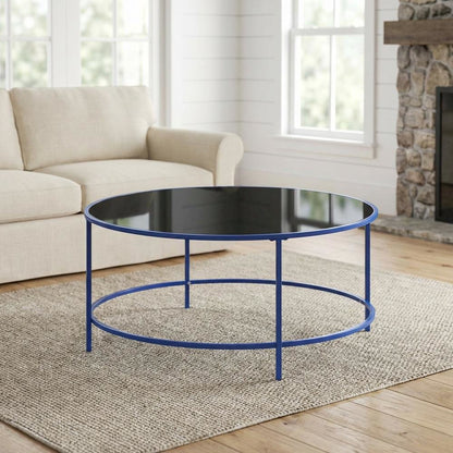 Blue Round Coffee Table with Tempered Glass Top and Steel Frame, Single Piece