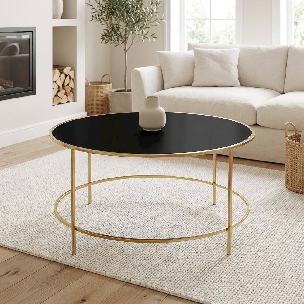 Gold Round Coffee Table with Glass Top Steel Frame Single Piece Modern Design
