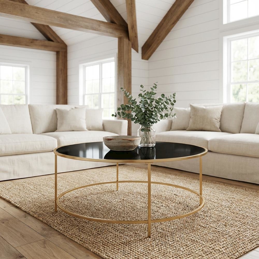 Gold Round Coffee Table with Steel Frame, Tempered Glass Top for Modern Living