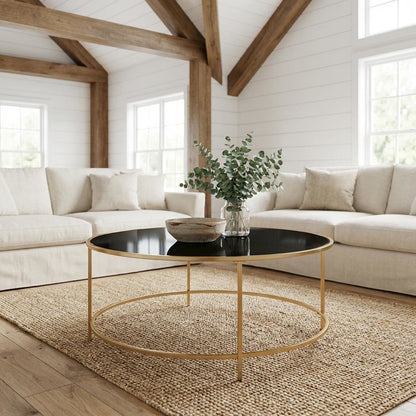 Gold Round Coffee Table with Steel Frame, Tempered Glass Top for Modern Living