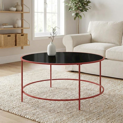 Red Round Coffee Table, Tempered Glass Top and Steel Frame, Single Piece Design