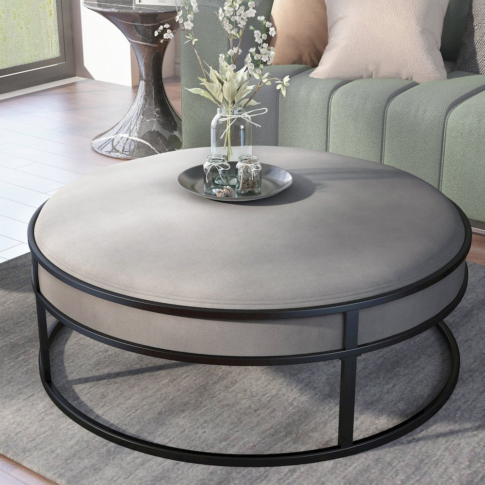 Olive Velvet Fabric 39" Wide Round Cocktail Ottoman