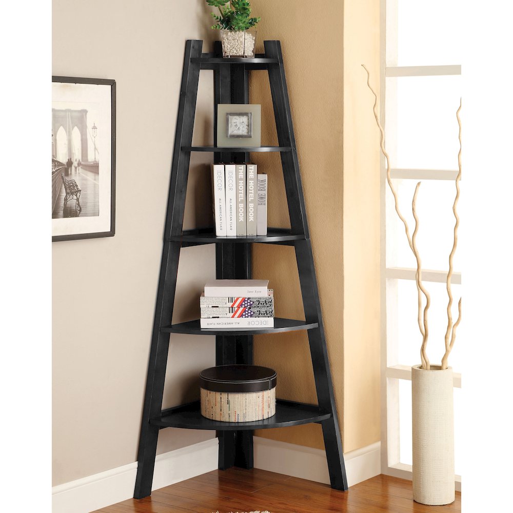 Lawler Contemporary Wood 5-Shelf Corner Bookcase in Black