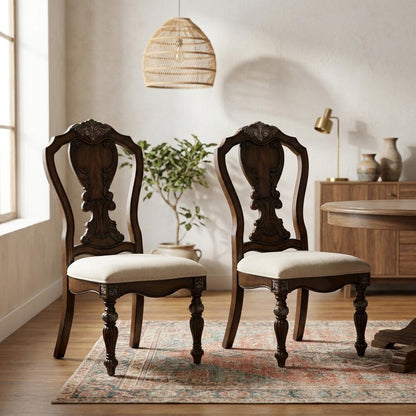Dark Brown Upholstered Dining Side Chairs with Cushioned Seating, Set of 2