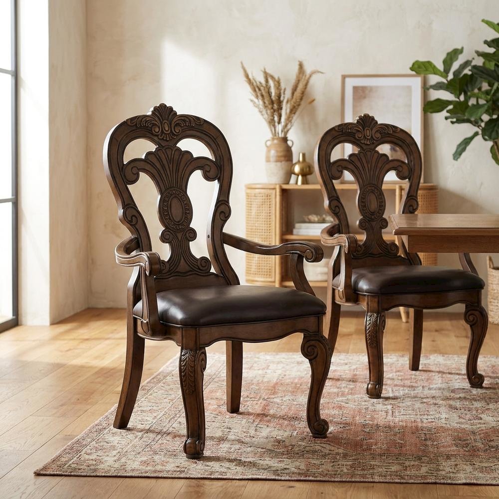 Dark Brown Upholstered Dining Arm Chair Set with Premium Fabric