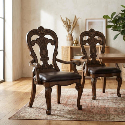 Dark Brown Upholstered Dining Arm Chair Set with Premium Fabric