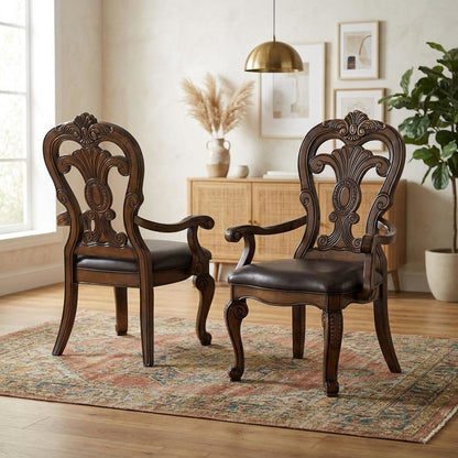 Dark Brown Upholstered Dining Arm Chair Set with Premium Fabric