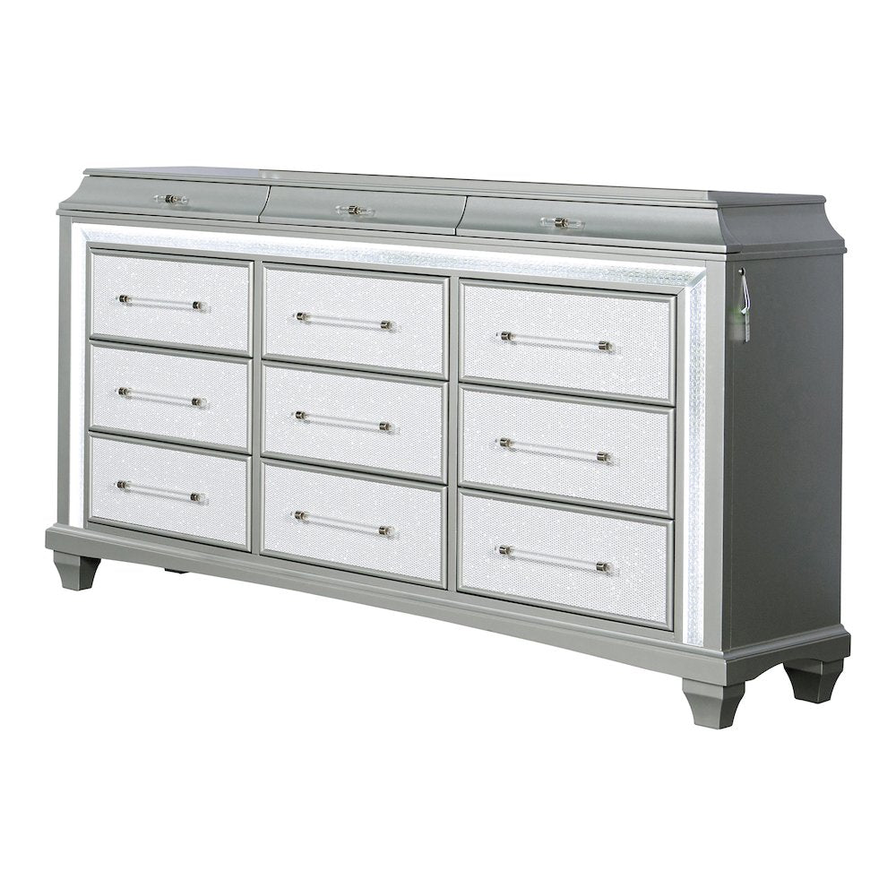 Anson Glam Silver Wood 12-Drawer Dresser with LED