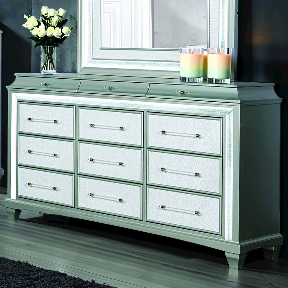 Anson Glam Silver Wood 12-Drawer Dresser with LED