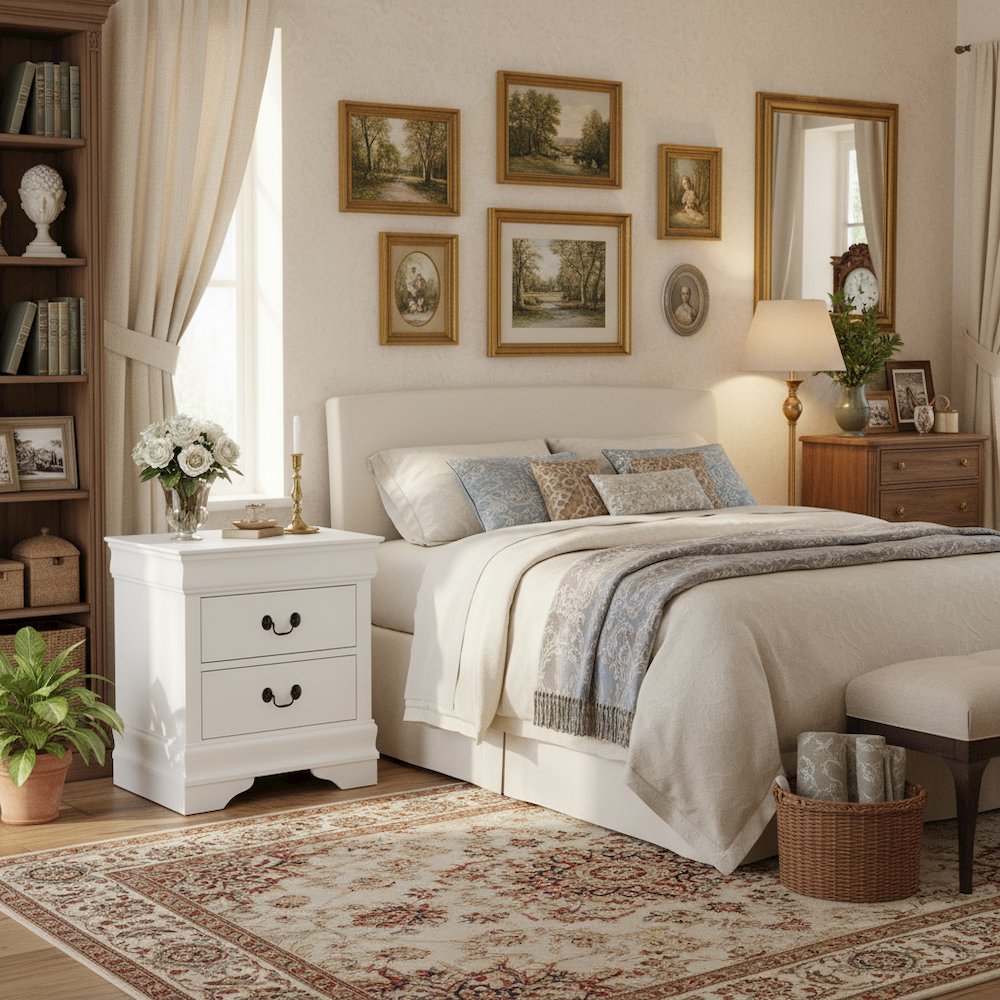 White Wooden Nightstand with 2 Drawers – Small 21.7 Inch Wide Bedroom Nightstand