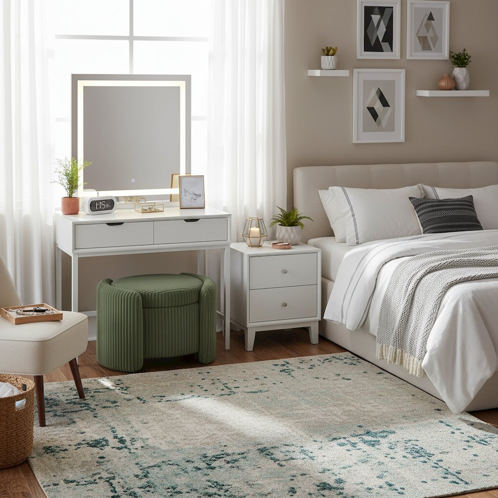Green Round Ottoman with Storage – Fabric Ottoman Coffee Table for Living Room