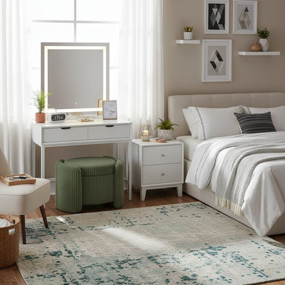 Green Round Ottoman with Storage – Fabric Ottoman Coffee Table for Living Room