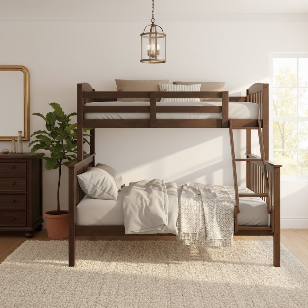 Merlot Red Wooden Bunk Beds Twin Over Full Size with Ladder and Guard Rails
