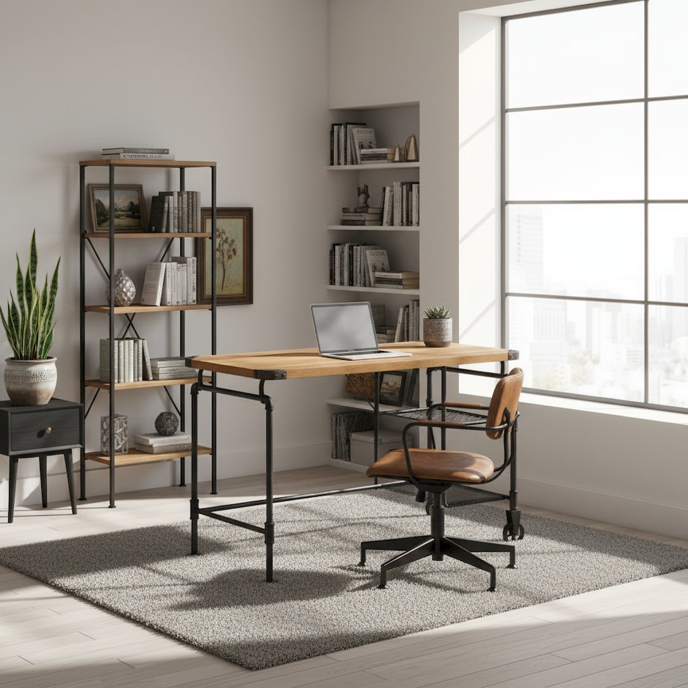 Black Industrial 47 Inch Desk – Durable Computer Desk for Home Office