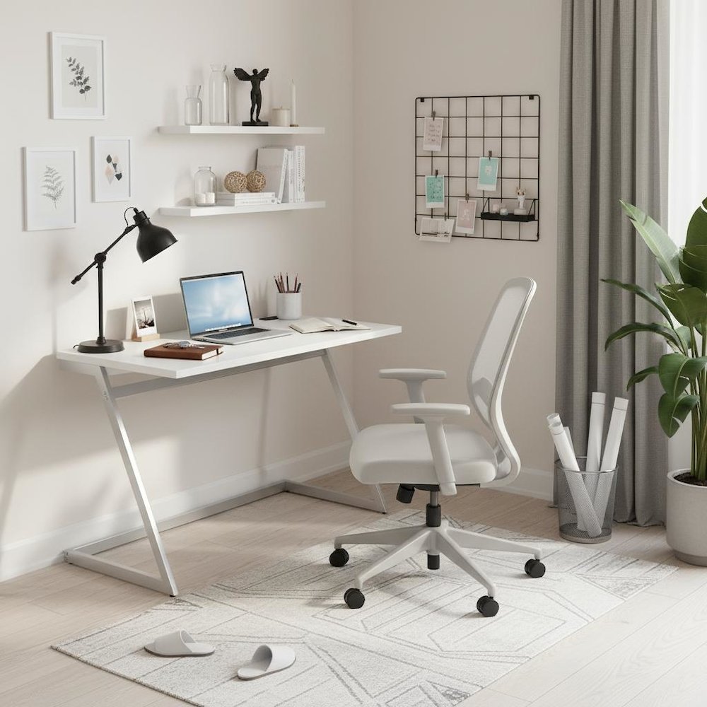 White Writing Desk – 47 Inch Steel Frame Computer Desk with USB