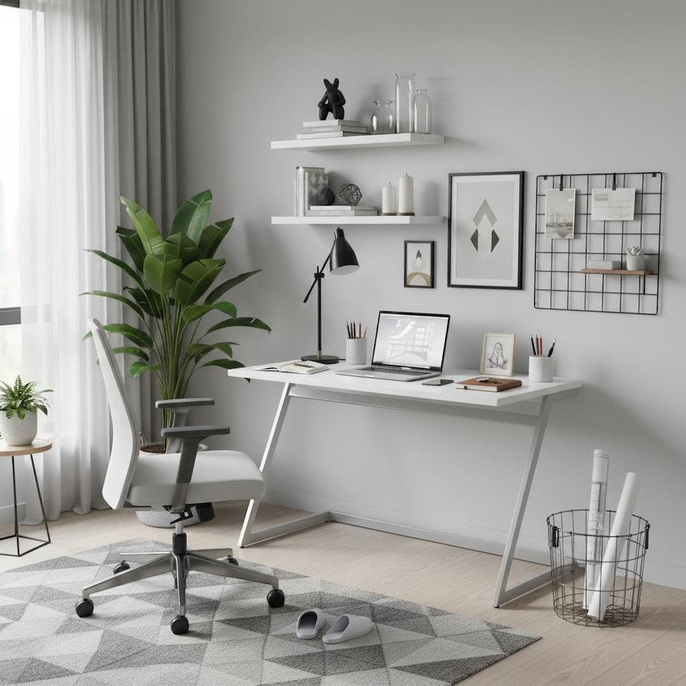 White Writing Desk – 47 Inch Steel Frame Computer Desk with USB