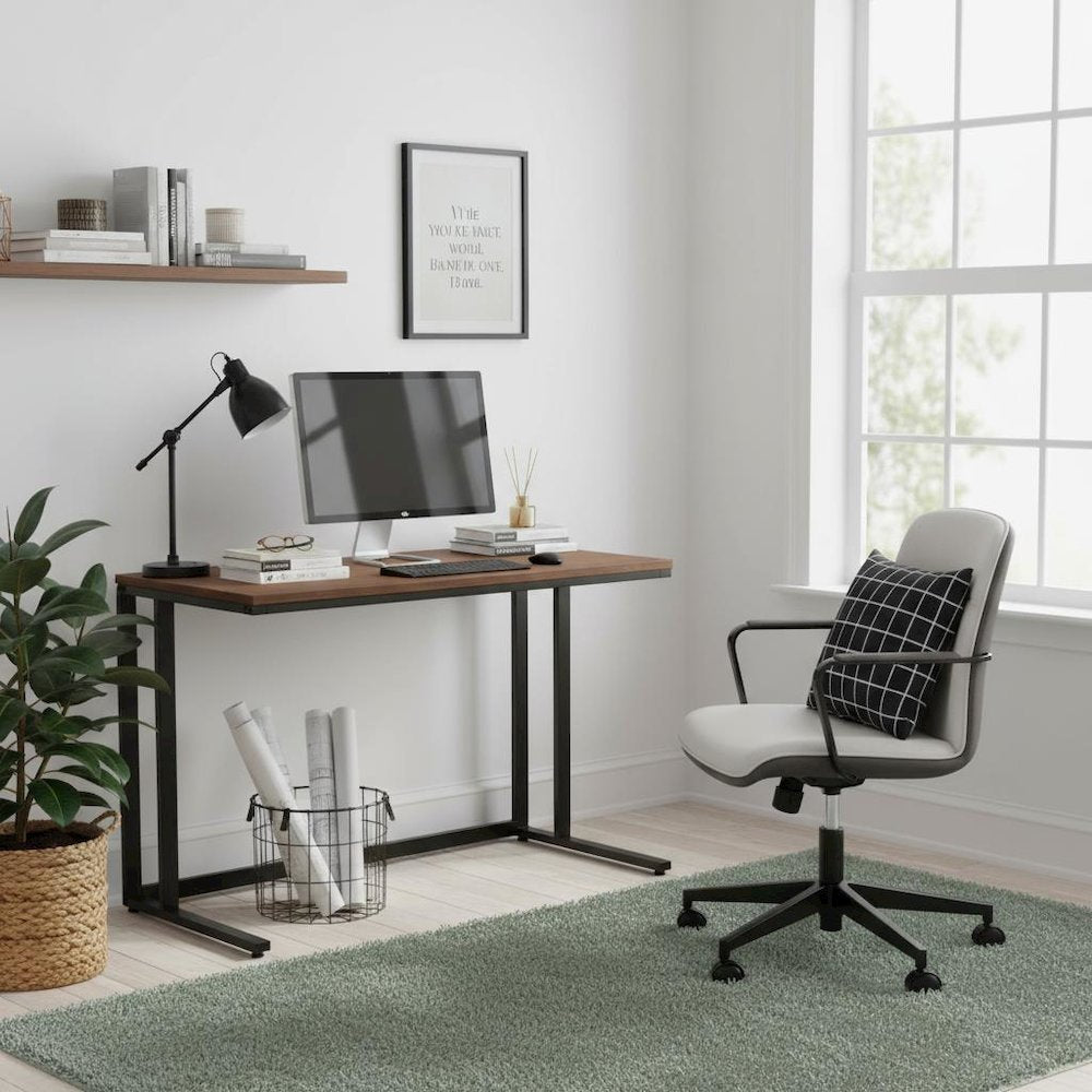 Black Writing Desk – Metal Computer Desk With USB and Power Outlets