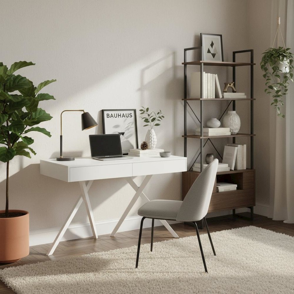 White Wood Desk with Storage – Small Desk with 2 Drawers, 2 USB Ports, Outlets