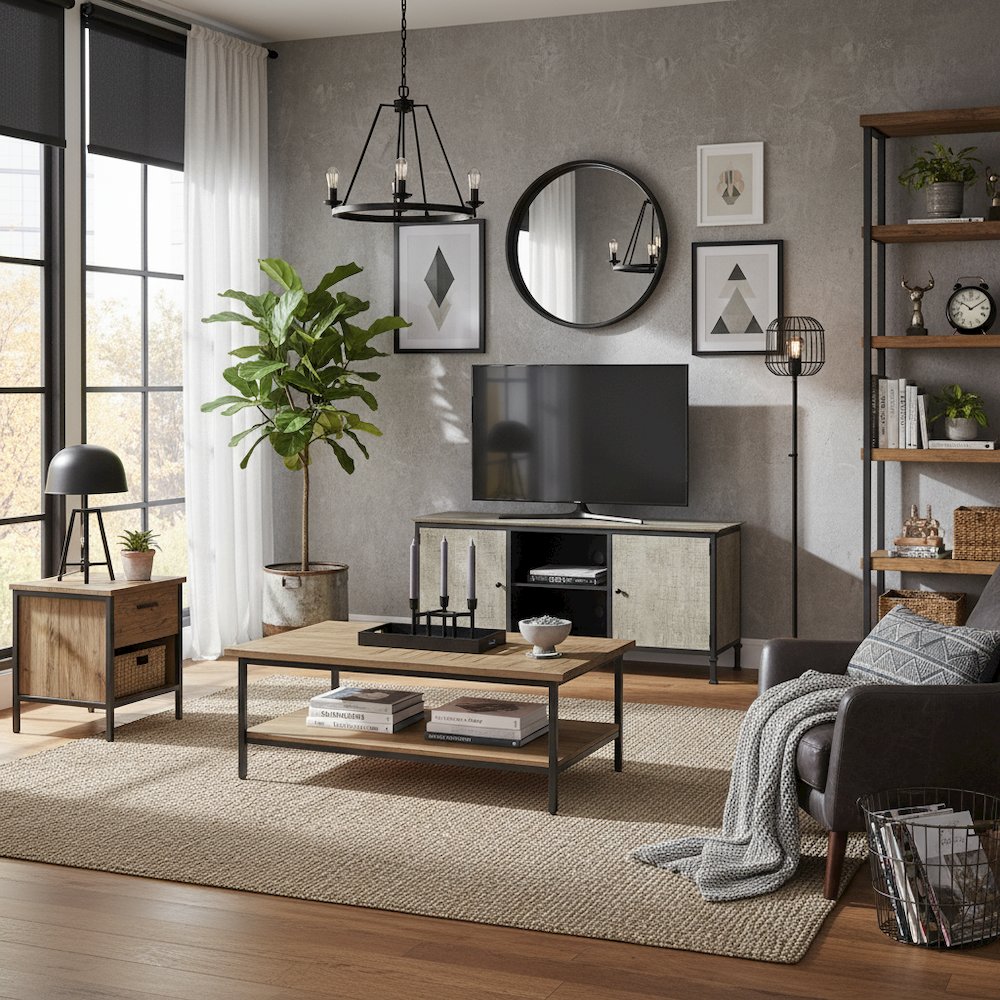 Gray Industrial TV Stand – 60 Inch Wide Entertainment Center For Living Room