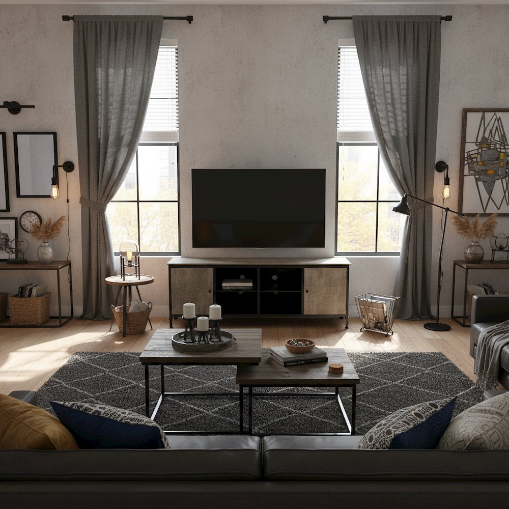 Gray Industrial TV Stand – 72 Inch Wide Entertainment Center For Living Room