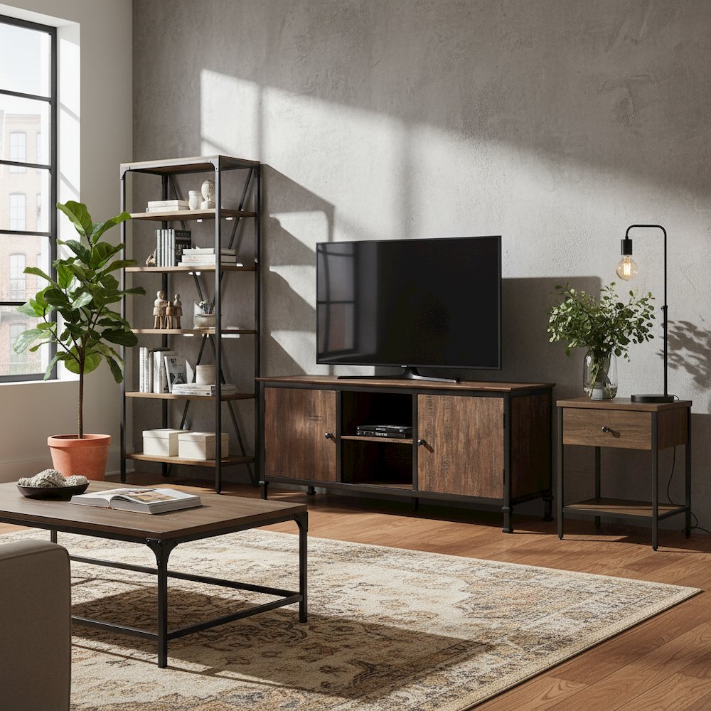 Brown Industrial TV Stand – 60 Inch Wide Entertainment Center For Living Room