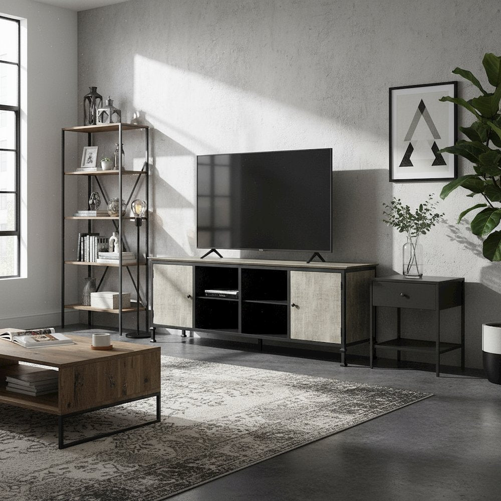 Gray Industrial TV Stand – 72 Inch Wide Entertainment Center For Living Room