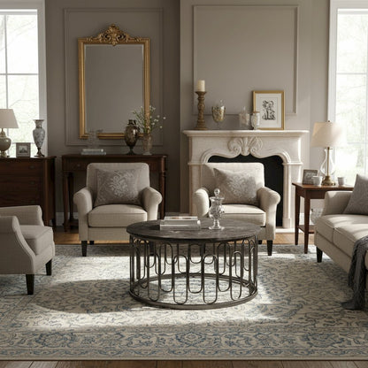 Gray Round 36 Inch Marble Coffee Table with Modern Metal Base