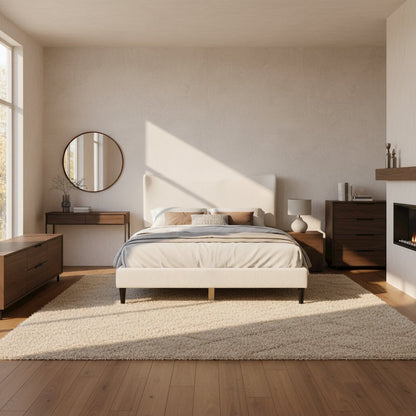 White Boucle Upholstered Queen Bed Frame with Headboard - Modern Style