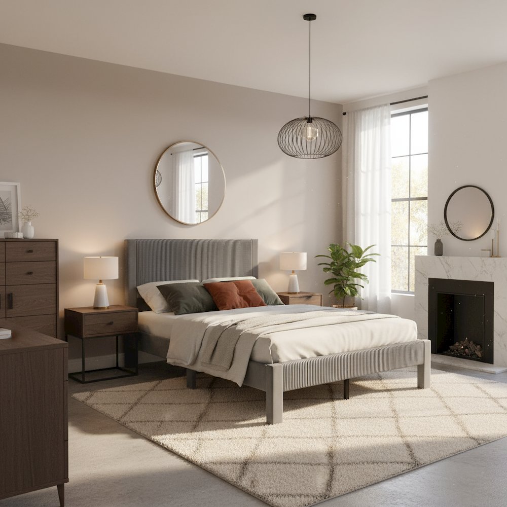 Gray Upholstered Wooden Full Size Bed Frame with Headboard – Modern Bed Platform