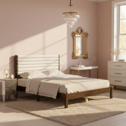 White Boucle Upholstered Queen Bed Frame with Headboard - Modern Design