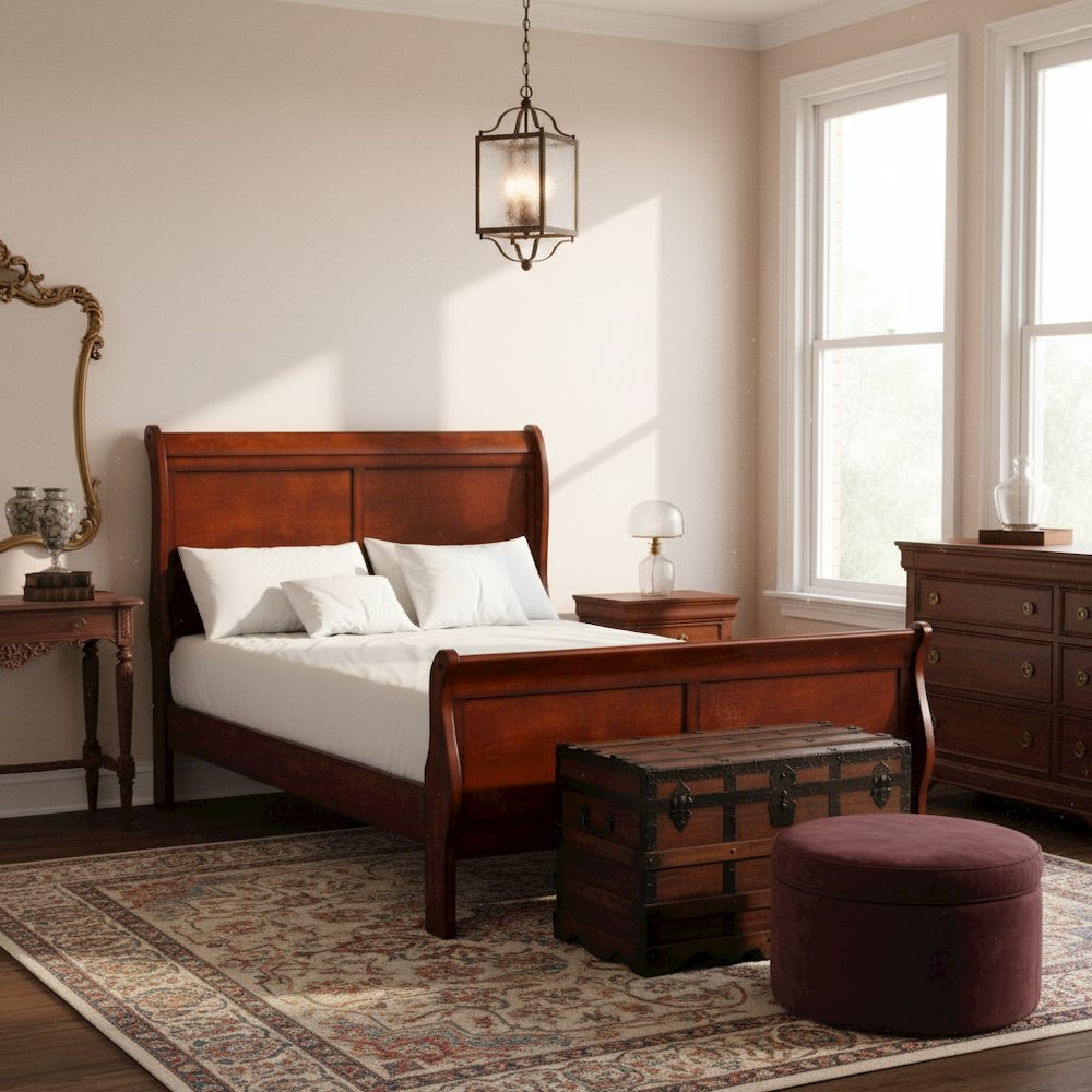 Brown Wooden Full Size Bed Frame – Sleigh Platform Bed with Headboard