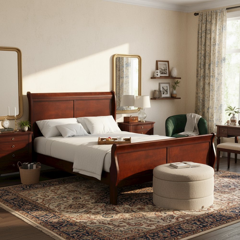 Brown Sleigh Bed Frame, Queen Size – Platform Bed Frame with Headboard