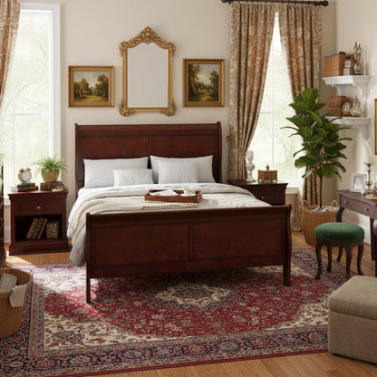 Brown Sleigh Bed Frame, Queen Size – Platform Bed Frame with Headboard