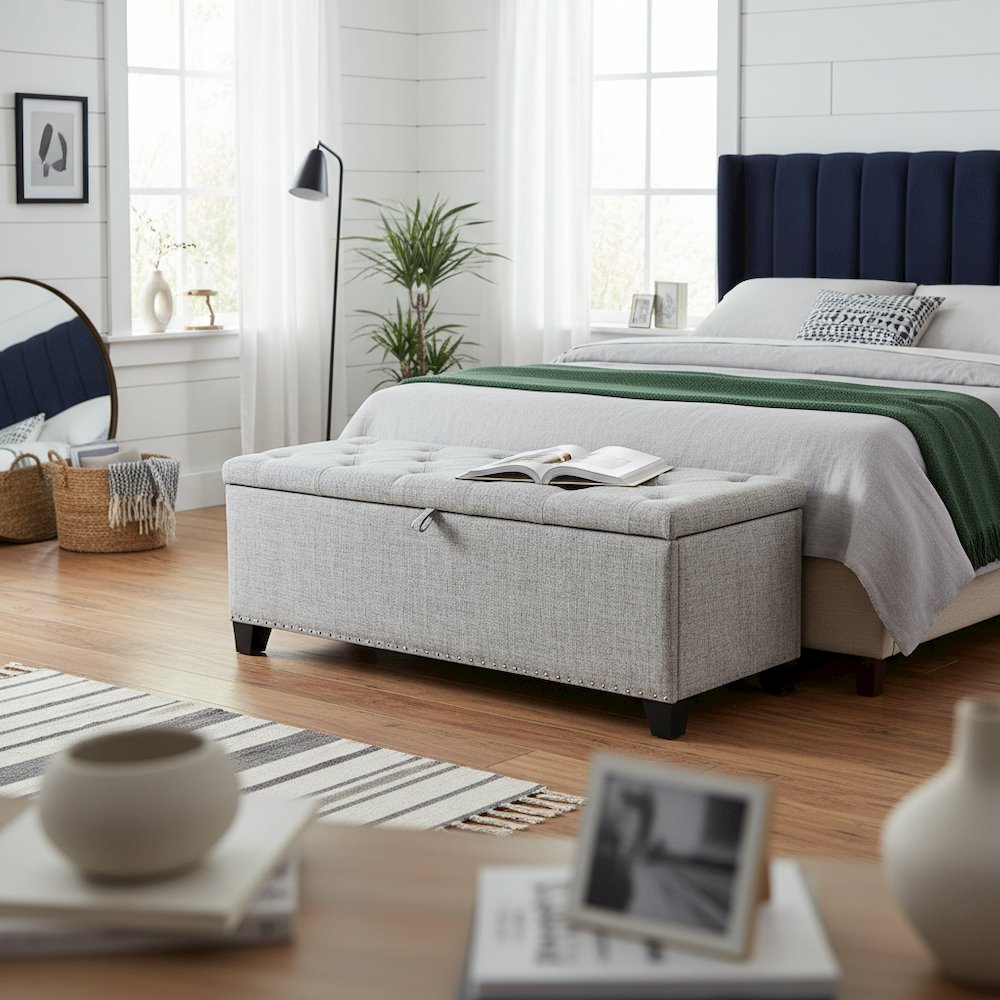 Light Gray Ottoman with Storage – Upholstered Storage Bench for Bedroom, Entry