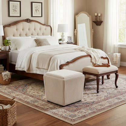 Beige Pink Storage Ottoman with Flip Top Tray – Upholstered Ottoman Table
