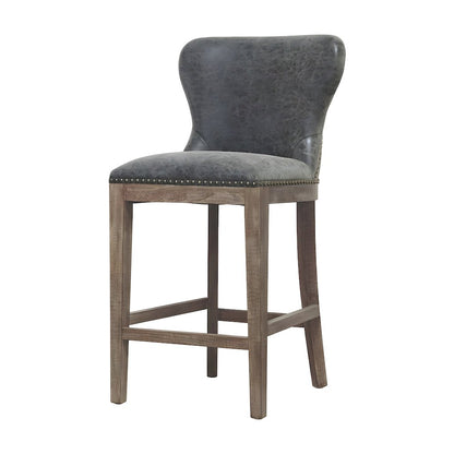 PU-Upholstered Counter Stool with Wing Back, Nailhead Trim and Solid Beech Legs