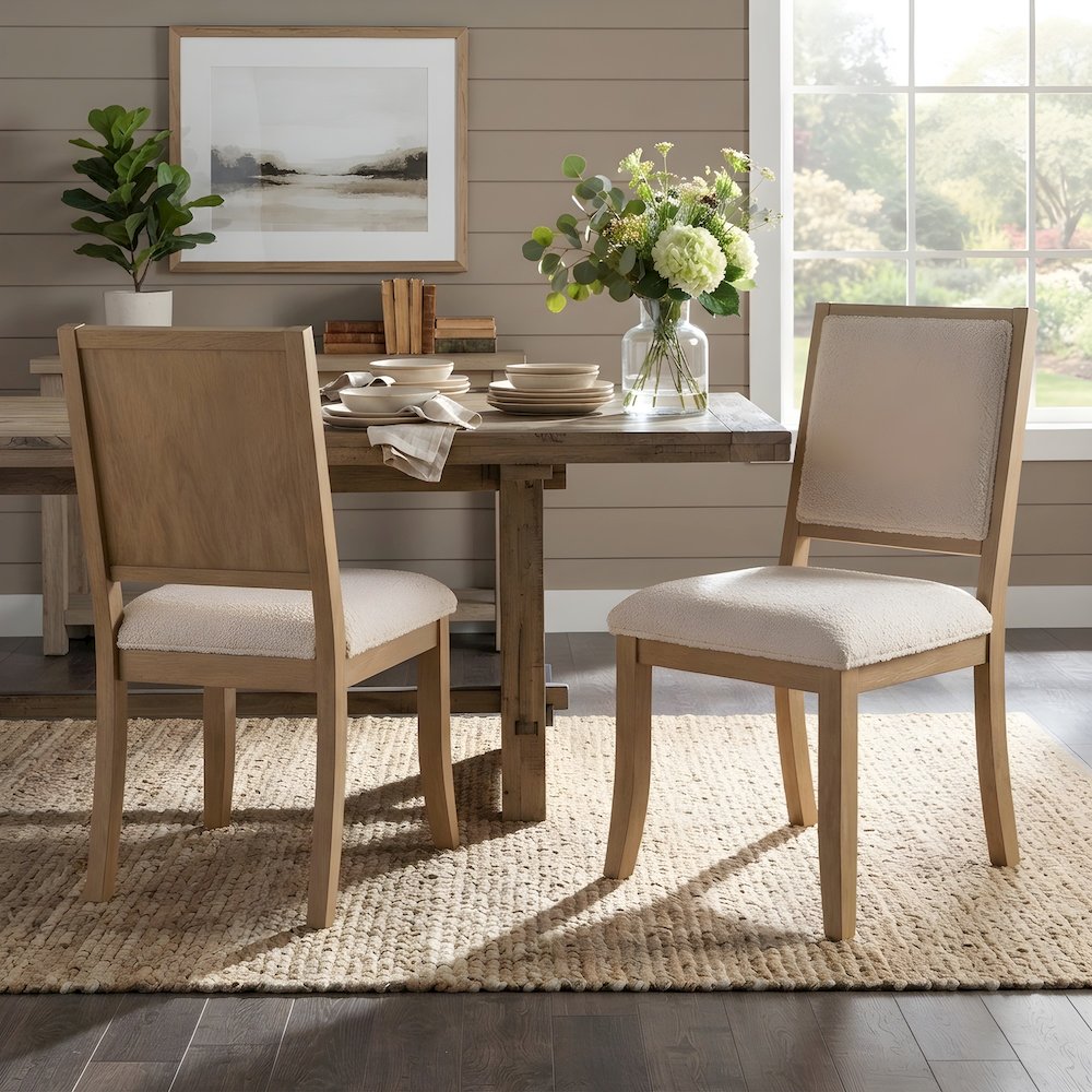 Boucle-Upholstered Mid-Century Modern Dining Chairs, Square Seat, Set of 2