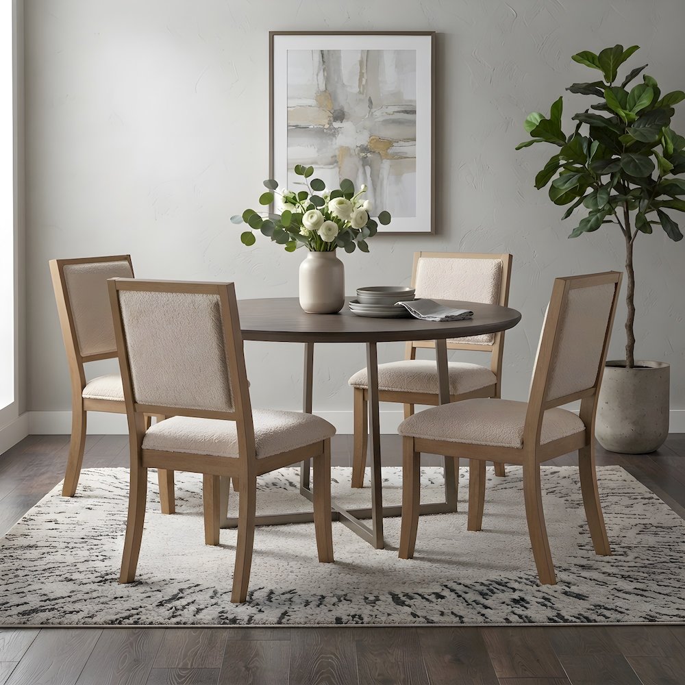 Boucle-Upholstered Mid-Century Modern Dining Chairs, Square Seat, Set of 2