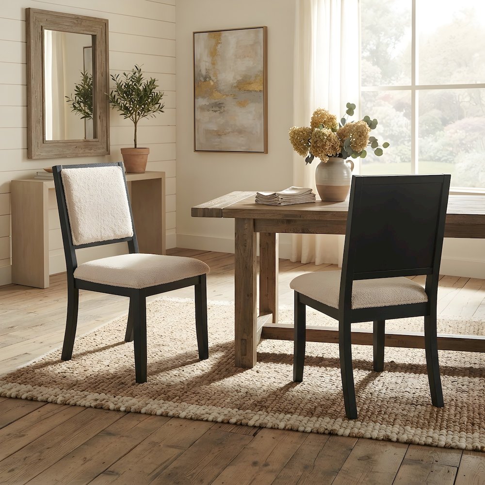Boucle-Upholstered Mid-Century Modern Dining Chairs, Rubberwood Frame, Set of 2
