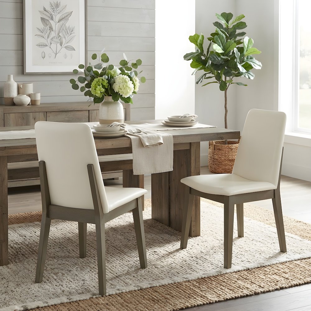 Rubberwood Vegan Leather Dining Chairs, Mid-Century Modern, Set of 2