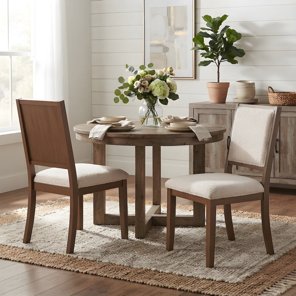 Boucle Upholstered Mid-Century Modern Dining Chairs with Walnut Finish, Set of 2