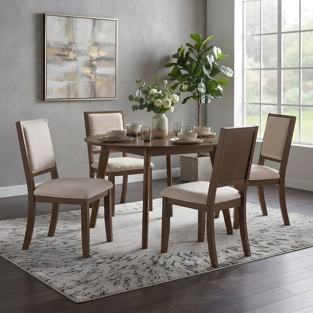 Boucle Upholstered Mid-Century Modern Dining Chairs with Walnut Finish, Set of 2