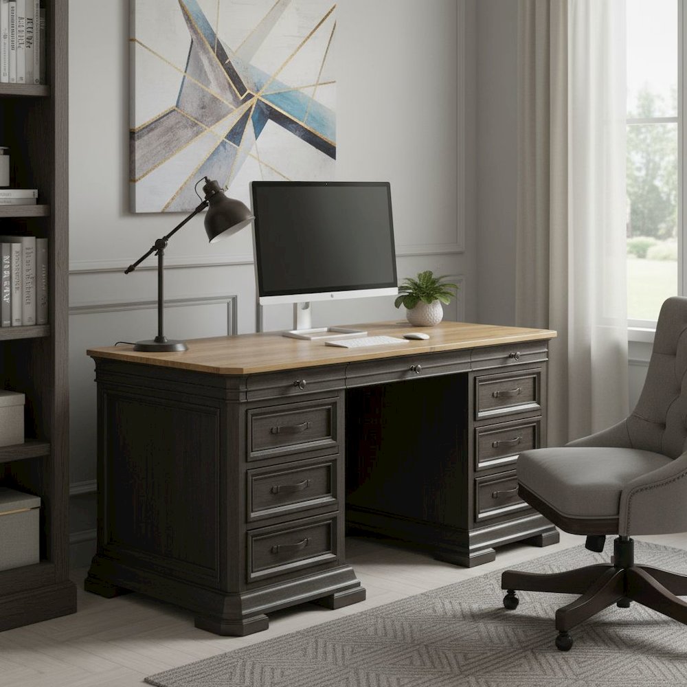 Double Pedestal Executive Desk, 7 Drawers, Locking File, Brown