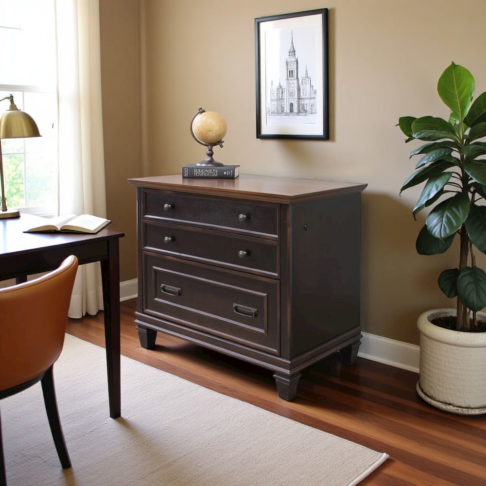 Brown Wood File Cabinet with Lock, 3-Drawer Lateral Filing Cabinet