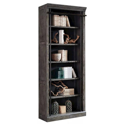 8-Foot Tall Wood Bookcase, 5 Adjustable Shelves, Ringed Steel Frame, Gray Wood