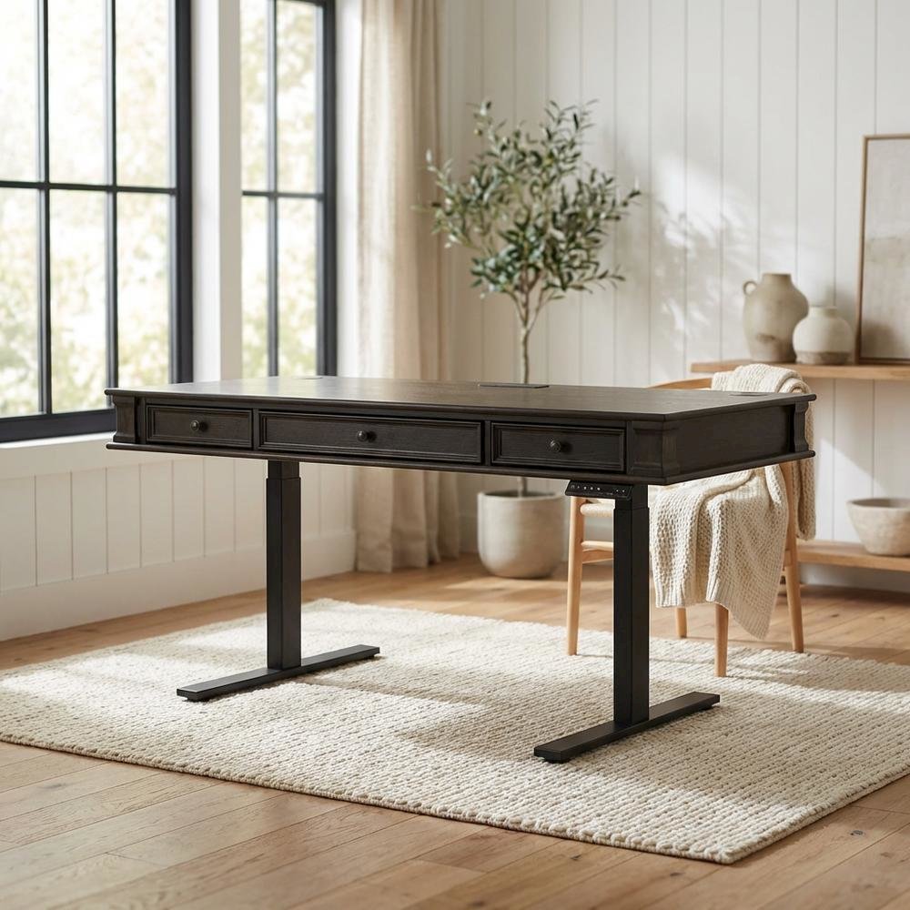 Wood Electronic Sit/Stand Desk with 3 Drawers, Adjustable Height, Dark Brown